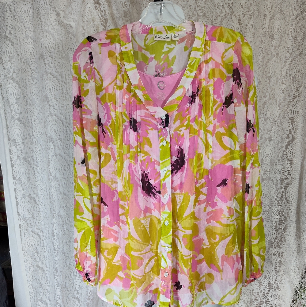 Kim Rogers green pink top blouse Size PL NWOT